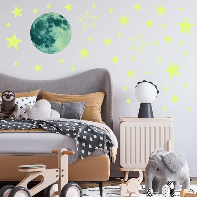Glow Stars and Full Moon Wall Stickers for Starry Sky,Glowing Star Beautiful Wall Decals for Any Room,Beautiful Wall Decals for Kids Gift,Glow in The Dark Stars Light Your Ceiling