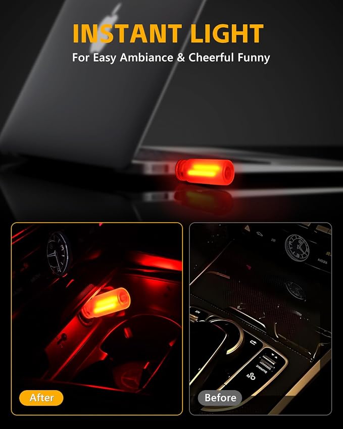 2PCS USB Car Lights, Touch Adjustment Lights, Plug in USB Vehicle Interior Ambient Light, Mini LED Retro Bulb Frosted Glass Night Light for Car, Camping, Holiday Decoration, Party, Bedroom (Red)