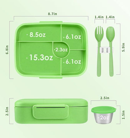 Bento Lunch Box with Kids/Adults, 5 Compartments Leakproof Lunch Container with Dressing Cup, Eco-Friendly Double Insulated Boxes, Dishwasher and Microwave Safe, BPA-Free (green)