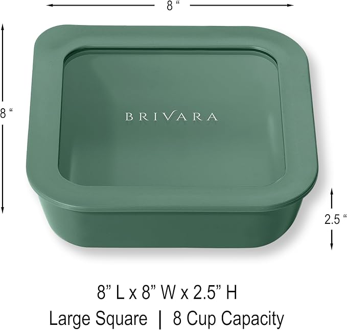 Ceramic Coated Glass Food Storage Container | No PTFE, PFOA, PFAS, and BPA | Reusable Non Toxic Meal Prep Container with Glass Lid | Easy To Store | 8 Cup Square [Pine]