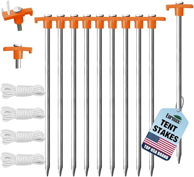 Eurmax USA Galvanized Non-Rust Camping Family Tent Pop Up Tent Stakes Canopy Anchors Heavy Duty 10pc-Pack, with 4x10ft Ropes & 1 Orange Stopper