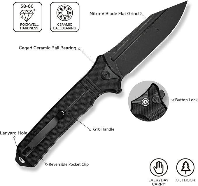 CIVIVI Neurohaptic Pocket Knife for EDC, Folding Knife with 3.74'' Nitro-V Blade G10 Handle, Reversible Clip, Gift for Men Women C23080-1