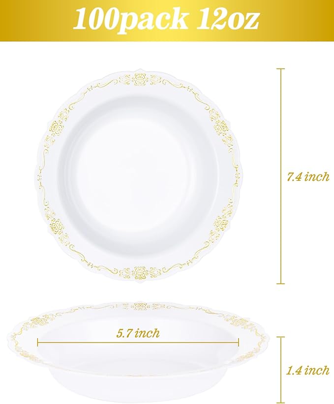 100 Pack White Plastic Bowls with Gold Rim, 12oz Disposable Soup Bowl, Heavy Duty Dinner Bowls for Party, Weddings, Dinners, Catering and Everyday Use