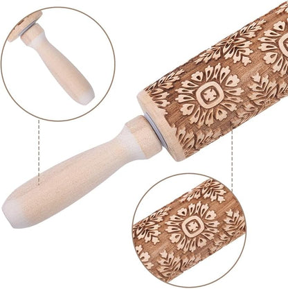 Embossed Wooden Rolling Pin Flower Print 35cm Rolling Pin