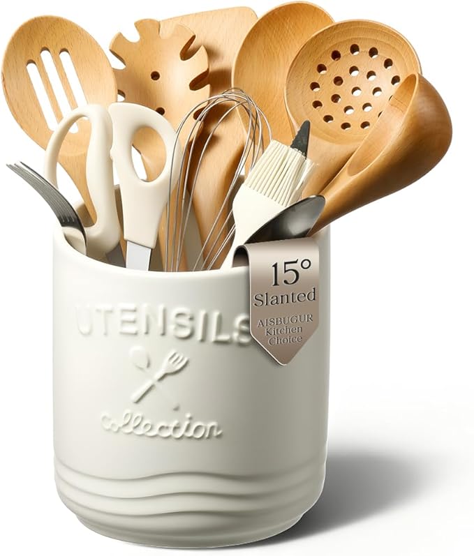 AISBUGUR Large Ceramic Utensil Holder: 7.5" H×6.3" W