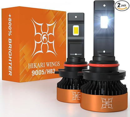 HIKARI WINGS 9005 Foglight Bulbs, 50000LM Super Bright, 6000K Cool White HB3 Light Bulb, IP68 Waterproof, Pack of 2