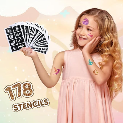 Glitter Tattoo Set, Bledras 36 Colors Kids Tattoo Set, 178 Stencils, 5 Brushes, 2 Glue, Flash Tattoo Kit for Girls, Boys and Adults, Carnival Festival, Cosplay Parties, Games (Orange)