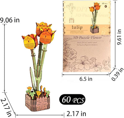 3D Wooden Puzzles for Kids DIY Wooden Flower Building Block Set Craft for Children Adults to Build Valentine's Day/Mother's Day/Teacher's Day/Birthday Gifts (Tulip)
