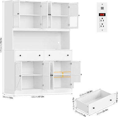 FINETONES 71" Pantry Cabinet with LED Light and Charging Station, Farmhouse Kitchen Pantry Cabinet with Microwave Stand, 47.2" Wide Kitchen Hutch Food Pantry with Open Countertop, White