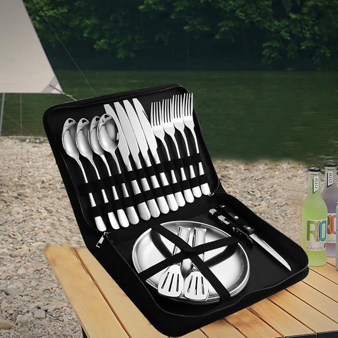 Camping Silverware Silver Picnic Plates and Utensils Set for 4 Portable Tableware Stainless Steel Flatware 20 Pieces With Organizer Bag Reusable Durable