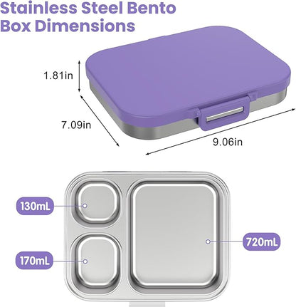 Stainless Steel Bento Lunch Box for Kids | 3-Compartment Lunch Box Container Kids | 100% Leakproof, Eco-Friendly, Perfect Portion Control for Kids&Adult Healthy Meals (Purple)