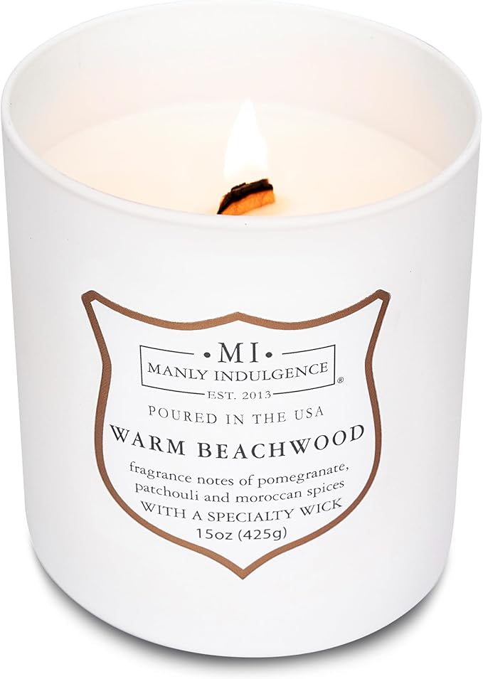Manly Indulgence Warm Beachwood Scented Candles for Men, 15 oz Wooden Wick, Premium Soy Blend Wax, 60H Burn, Candles for Home Scented - Made in The USA