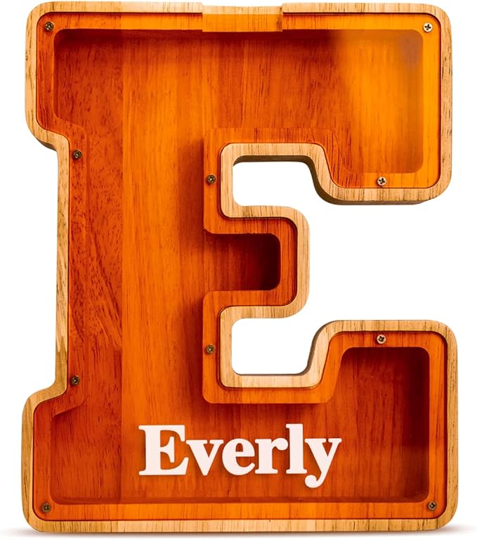 Summidate Customized Name Large Wooden Piggy Bank for Kids Boys Girls Alphabets Letter A-Z Coins Bills Money Change Bank Box Initial on Clear Cover (Laser Engraved) (Alphabet-T, Personalized-9")