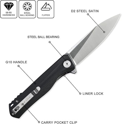 Petrified fish G10 handle D2 steel blade 2CR13 liner ball bearing flipper folding knife camping hunting EDC pocket tool PF818 (Black, Satin)