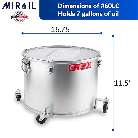 MirOil 7 Gallon Oil Disposal Caddy with Caster Wheels, USA Made Deep Fryer Grease Bucket Pot with Lid Lock & Lock Clip, 55Lb. Frying Oil Disposal Storage Container, Filtering Hot Cooking Grease - 60LC