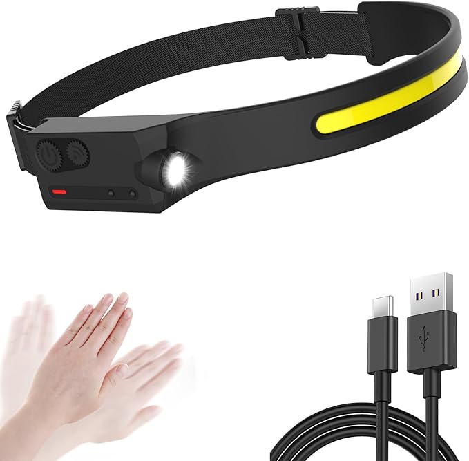 LED Headlamp Rechargeable with Motion Sensor, USB Head Lamp Band with 230°Beam 5 Modes 350 Lumen Headlight Ultra Bright Head light Flashlight for Adults & Kids Outdoor Camping Hiking Running Travel