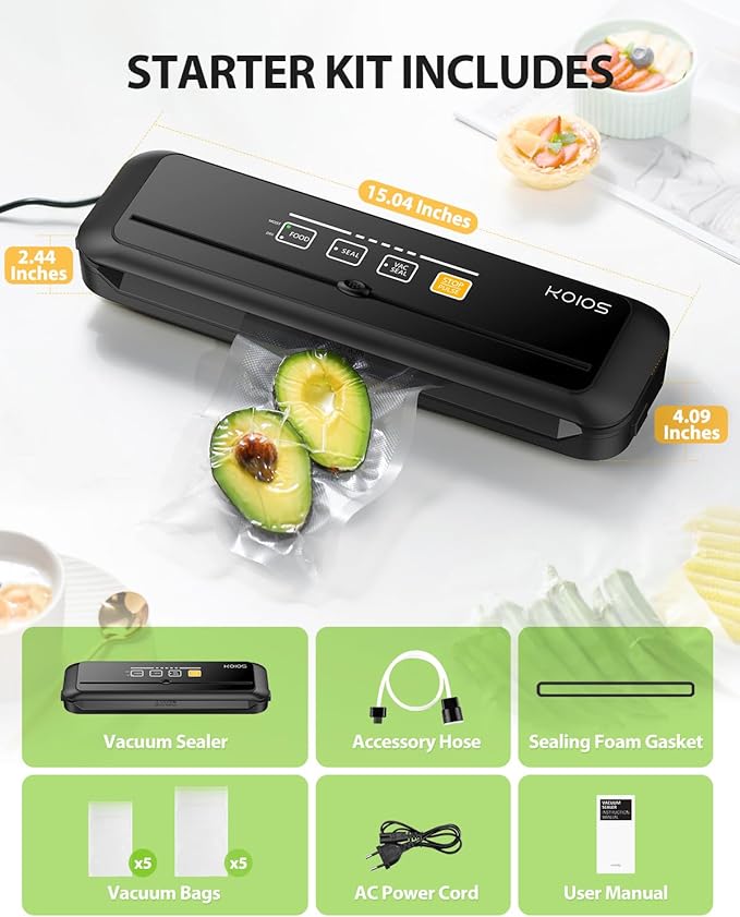 KOIOS Vacuum Sealer Machine, 90Kpa Automatic Vacuum Air food sealer/Built-in Cutter Starter Kit, Dry & Moist Food Preservation Modes, Pulse Function, LED Indicator Lights, Black