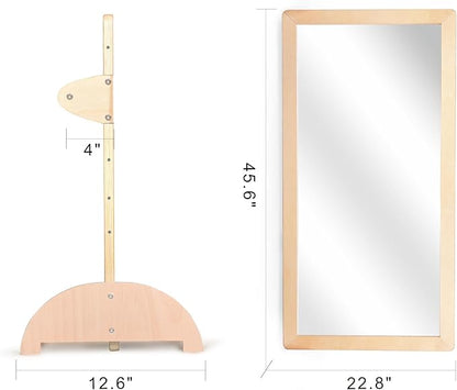 3-Position Montessori Wood Frame Non-Shatter Safety Pull Up Bar Baby Big Mirror Set, Infant Coordination Mirror, Kids Classroom Furniture for Daycare, Homeschool or Preschool