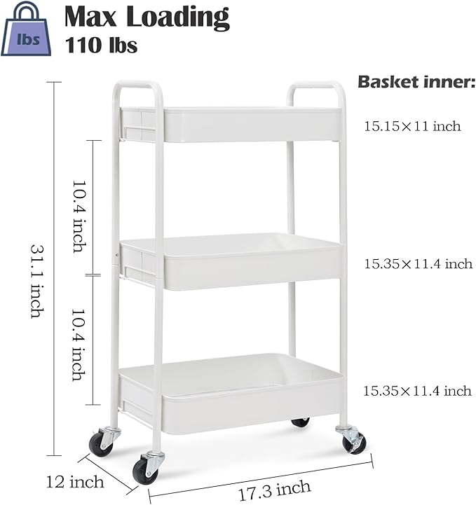 TOOLF 3-Tier Metal Rolling Cart