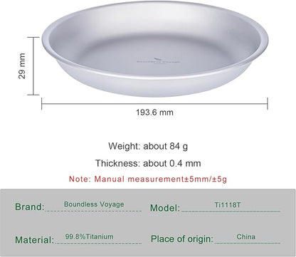 Boundless Voyage Titanium Camping Plate Dishes Saucer Lightweight Round Dinnerware Set Stackable Serving Plates Pasta Plates Travel Outdoor Home Kitchen Tableware Set Ti1118T