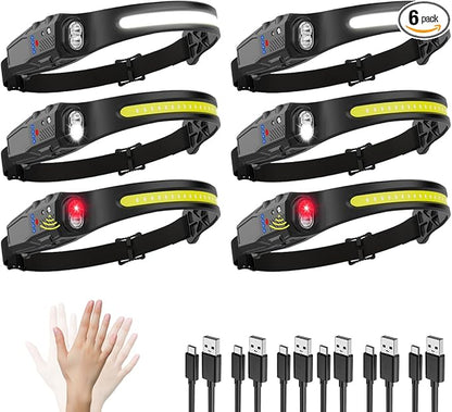 Headlamp Rechargeable 6Pack, 230° Wide Beam LED Headlamp, 7Mode Headlamps for Adults, Head Lamp with Motion Sensor, Red Light Head Lamps LED Rechargeable, Head Lights for Forehead Running Camping