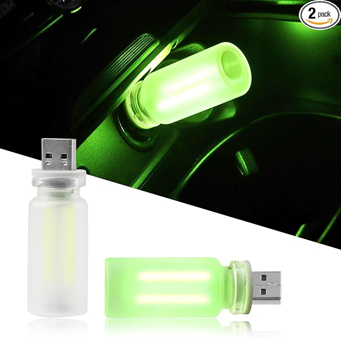 2PCS USB Car Lights, Touch Adjustment Lights, Plug in USB Vehicle Interior Ambient Light, Mini LED Retro Bulb Frosted Glass Night Light for Camping, Holiday Decoration, Party, Bedroom (Green)