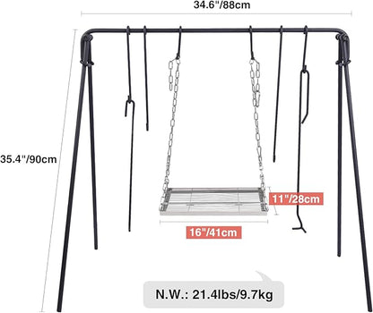 REDCAMP Swing Campfire Grill Stand - Collapsible Campfire Cooking Rack with 6 Hooks & Stainless Steel Grill Grate, Portable Dutch Oven Hanger for Outdoor Camping, Cookware, Bonfire, Rectangle ﻿