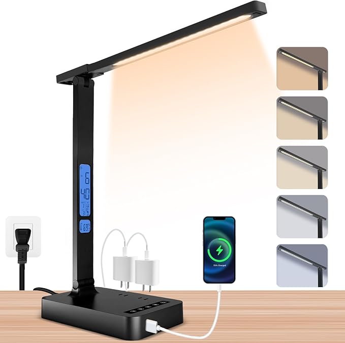 snsok Smart Desk Lamp with Dual USB Charging & 2 AC Outlets, Digital Clock