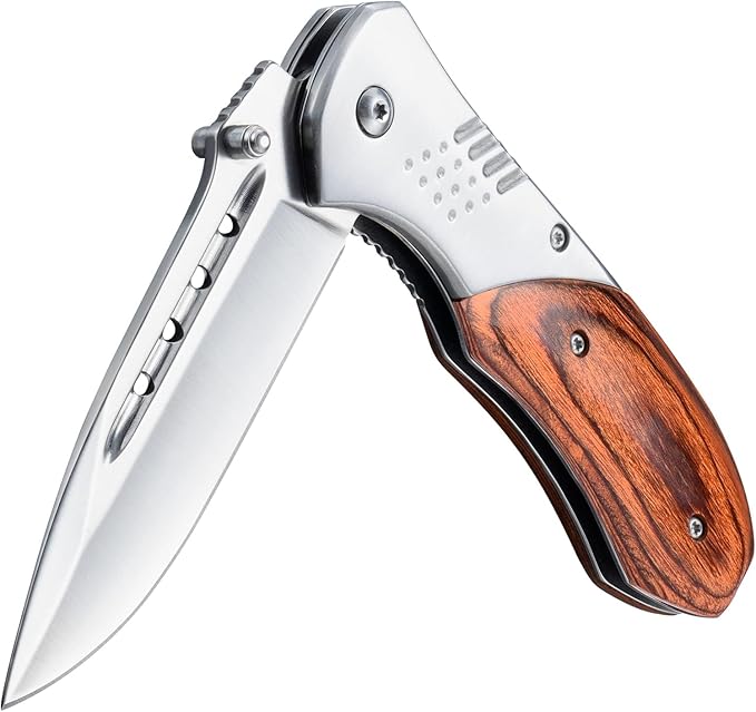 Pocket Knife for Men - 3.46" Sharp Blade Wood Handle Pocket Folding Knives with Clip, Glass Breaker - EDC Knives for Survival Camping Fishing Hiking Hunting Women, Silver