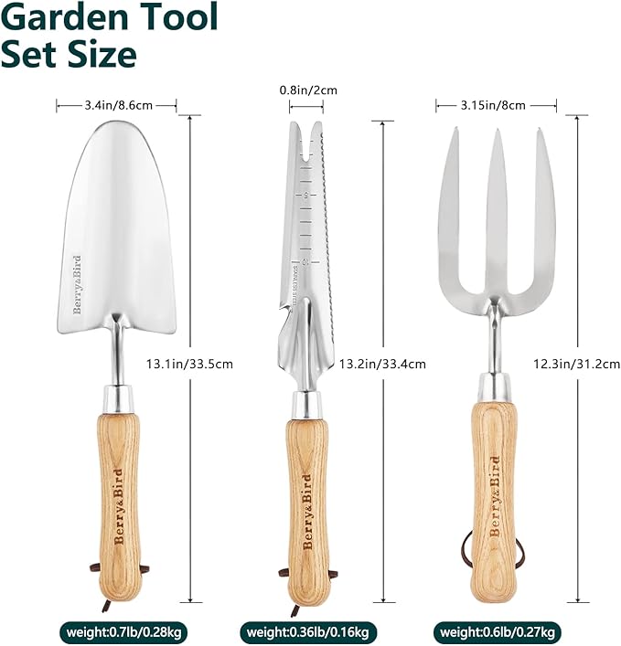 Berry&Bird Gardening Hand Tool Set - 3PCS Stainless Steel Garden Tool Kit Multifunctional Tool with Wooden Handle Trowel, Fork & Weeder for Weeding Planting Transplant, Ideal Garden Gift for Women&Men
