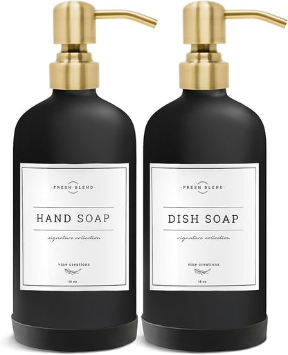 Vine Creations Black Glass Soap Dispenser, 2 Pack Kitchen Soap Dispenser Set