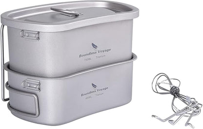 iBasingo Titanium Canteen Mess Kit with Folding Handle Hanging Ring Ultralight Portable for Lunch Outdoor Camping Hiking