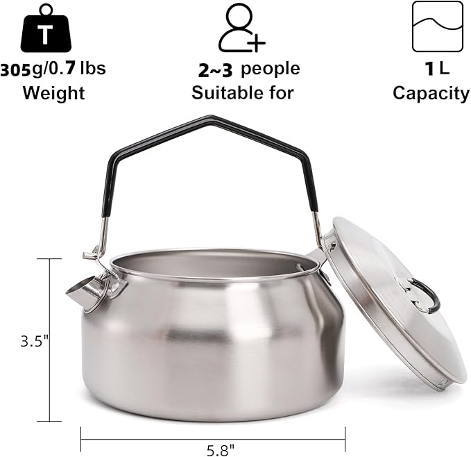 1L Camping Kettle, Portable Outdoor Campfire Kettle, 304 Stainless Steel Camp Tea Coffee Pot, Lightweight Fast Heating Open Fire Water Boiler for Hiking Backpacking Bushcraft Picnic Travel