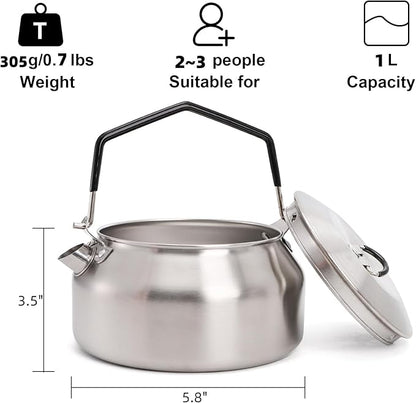 1L Camping Kettle, Portable Outdoor Campfire Kettle, 304 Stainless Steel Camp Tea Coffee Pot, Lightweight Fast Heating Open Fire Water Boiler for Hiking Backpacking Bushcraft Picnic Travel