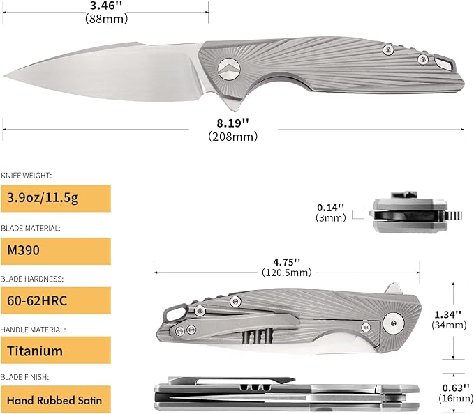 Folding Knife pocket knife EDC Knife With Clip Survival knife Hunting knife - M390 Steel Titanium Handle - Outdoor Hunting Hiking Survival Camping knife with Sheath Gifts For Men (Grey)