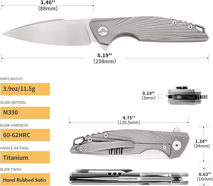 Folding Knife pocket knife EDC Knife With Clip Survival knife Hunting knife - M390 Steel Titanium Handle - Outdoor Hunting Hiking Survival Camping knife with Sheath Gifts For Men (Grey)