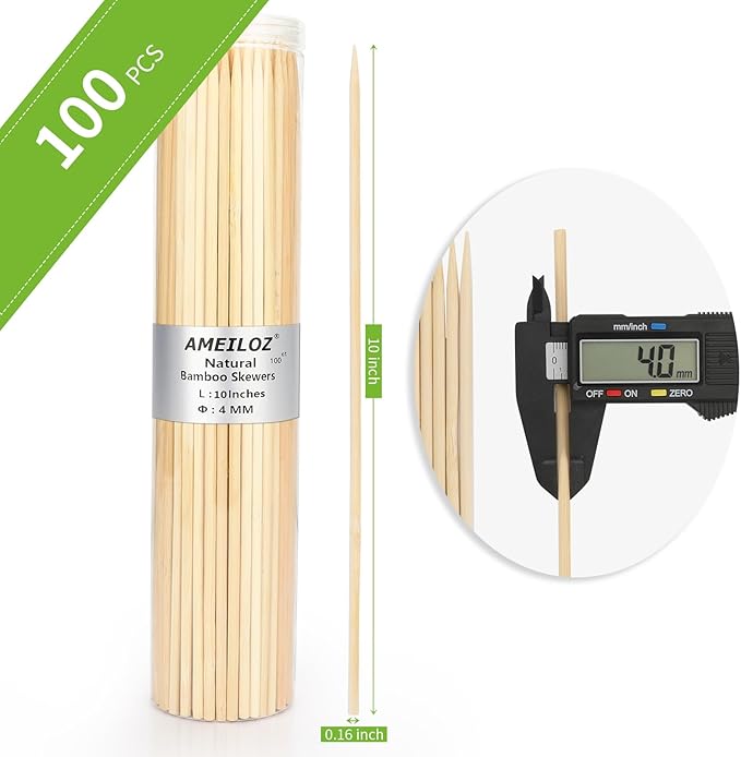 10" Barbecue Skewers, Bamboo Wooden Kabob Skewers for Appetizer, Fruit, Sausage, Chocolate Fountain, Kebob Skewer Stick, Organic Wood Food Sticks for BBQ Grilling, Kitchen (Φ=4mm Thick, 100PCS)