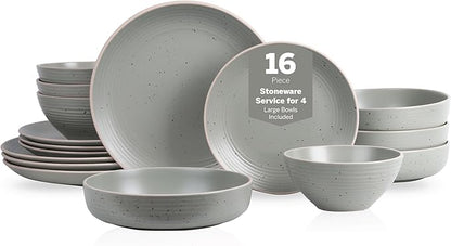 Stone Lain Lauren Stoneware, Rustic Plates and Bowls Set, Dinnerware, Service for 4, Speckled Green, Dishwasher & Microwave Safe, 16-Piece