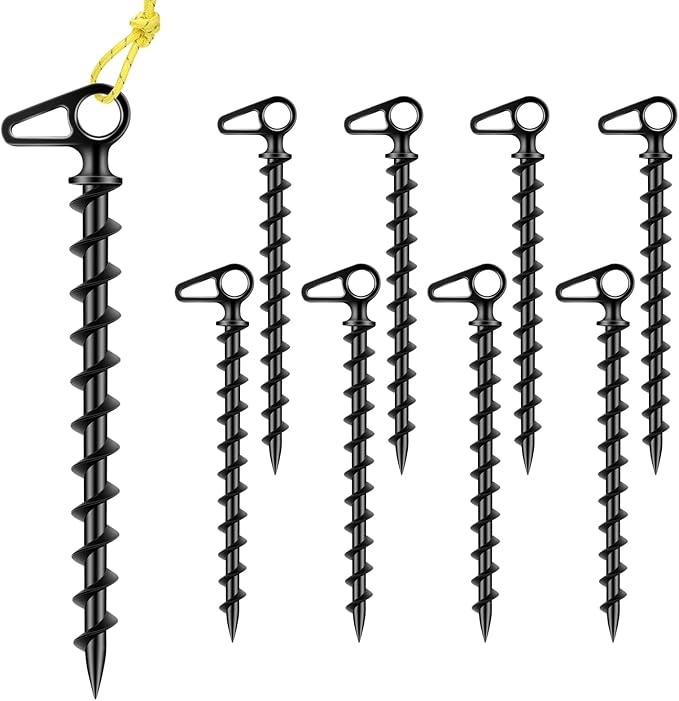 11" Aluminum Screw-in Ground Anchors - Heavy Duty Metal, Non-Rust Spiral Tent Stakes for High Wind, Grass, Sand, Camping, Canopies, Trampolines & Outdoor Securing