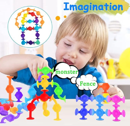 100pcs Suction Bath Toys for Baby Kids, Bath Toy Silicone Construction Building Blocks Montessori Sensory Toy for 3 4 5 6 7 8 Years Old Toddlers Boys Girls with Egg Storage…