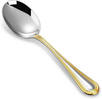 KEAWELL Pearl Edge 4-Piece Premium Spoon Set, 18/10 Stainless Steel, Fine Silverware Spoons with Refined Bead Design, Brightly Polished, Dishwasher Safe (Gold Accent, 6.3" Condiment Spoons)