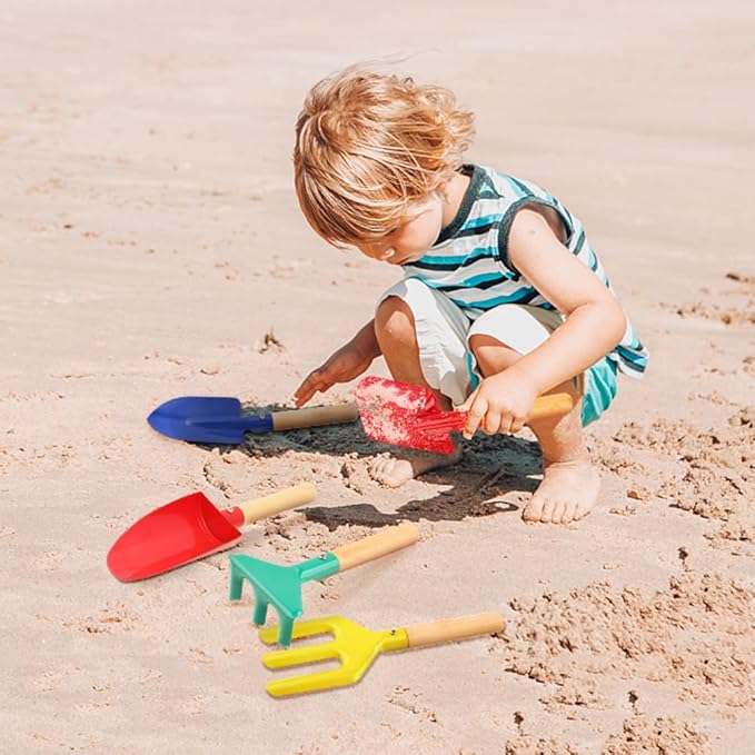 Children Beach Sand Toys, 6 PCS 8'' Wooden Handle Gardening Tools, Kids Gardening Set, Cylinder, Spoon, Fork, Rake, Flat Shovel & Pointed Shovel