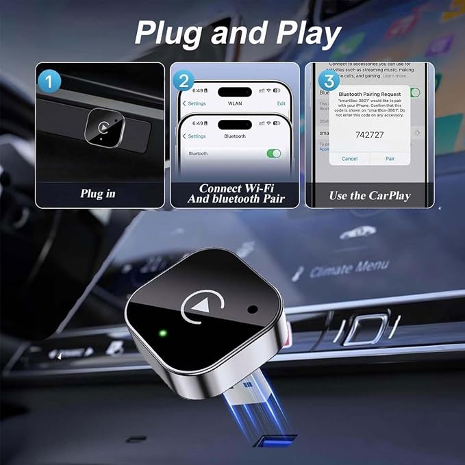 2 in 1 CarPlay Adapter for Odyssey 2018 2019 2020 2021 2022 2023 2024 2025 2026, CarPlay Wireless Adapter with Auto Reconnect Fast Pairing Bluetooth Connection Compact USB Dongle