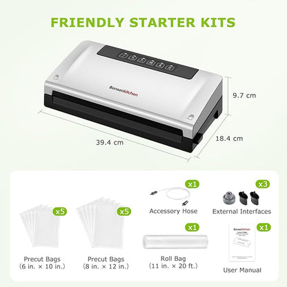Bonsenkitchen Food Vacuum Sealer Machine with External Vac Function, Built-in Cutter & Bag Storage, 5 Modes for Various Food Types, Includes 10 Bags & 1 Roll (Silver)
