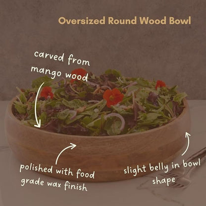 Oversized Salad Bowl, 19" Wide, Big Serving Dish for Pasta, Cut Fruit, Party, Catering, Wedding, Restaurant, Kitchen Countertop Fruit Bowl, Farmhouse Style, Mango Wood