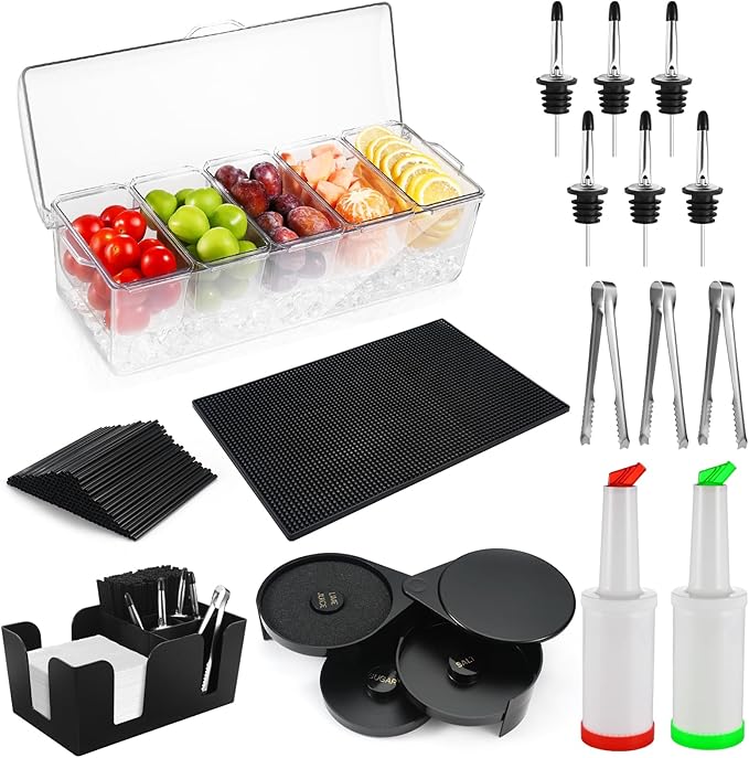 Bartending Supplies - 18" x 12" Bar Mat Garnish Tray with Lid Bar Caddy 3 Tier Bar Glass Rimmer, 2 Plastic Juice Pour Bottles 3 Mini Tongs 12 Classic Liquor Bottle Pourers 500 Cocktail Straws(Clear)