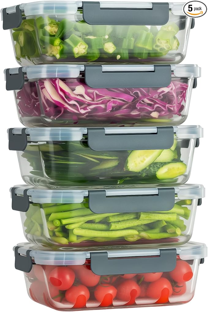 5 PACK 36 oz Glass Meal Prep Containers, Glass Food Containers with Snap-Lock Lids, Airtight Lunch Containers, Microwave, Oven, Refrigerator and Dishwasher Safe，Gray