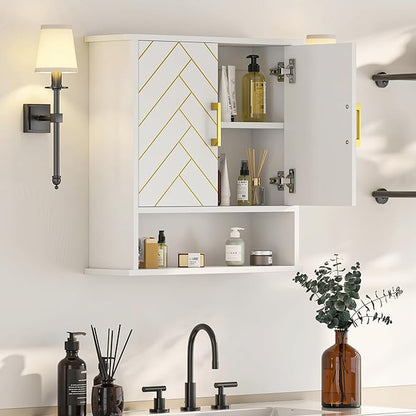 White Chevron Pattern Bathroom Wall Mount Cabinet, Stylish Hanging Medicine
