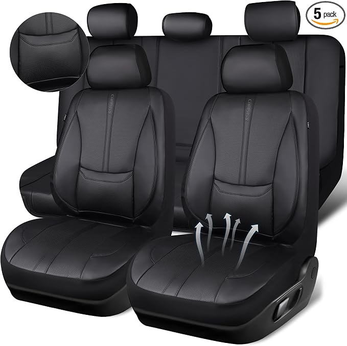 CAR PASS Nappa Leather Car Seat Covers Full Set, Water Resistant 3D Foam Faux Leather Seat Covers with Lumbar Support, Automotive Seat Covers 5 Seats Comfort & Universal Fit for Cars SUV Truck, Black