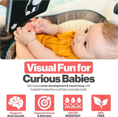 Happy Start High Contrast Baby Cards for Newborns - Black & White Cards, Water-Resistant, BPA-Free, Portable Educational Flashcards for Visual Stimulation, Award-Winning, Ages 0+(English & French)
